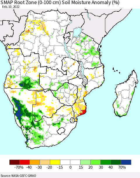 Southern Africa SMAP Root Zone (0-100 cm) Soil Moisture Anomaly (%) Thematic Map For 2/6/2022 - 2/10/2022