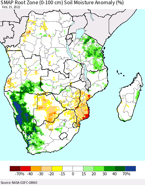 Southern Africa SMAP Root Zone (0-100 cm) Soil Moisture Anomaly (%) Thematic Map For 2/11/2022 - 2/15/2022