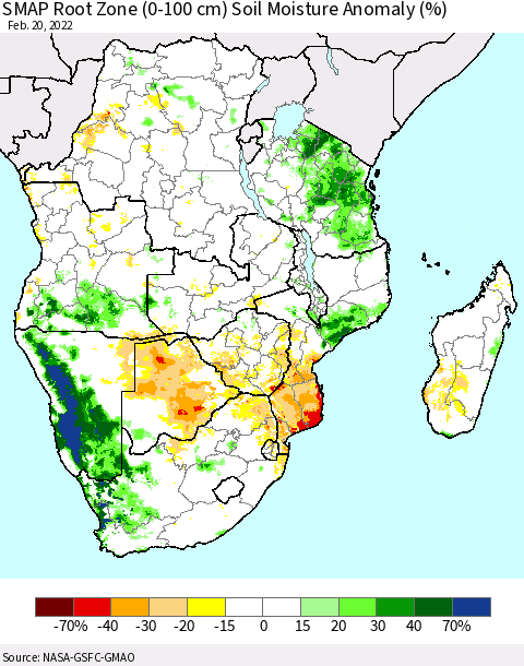 Southern Africa SMAP Root Zone (0-100 cm) Soil Moisture Anomaly (%) Thematic Map For 2/16/2022 - 2/20/2022