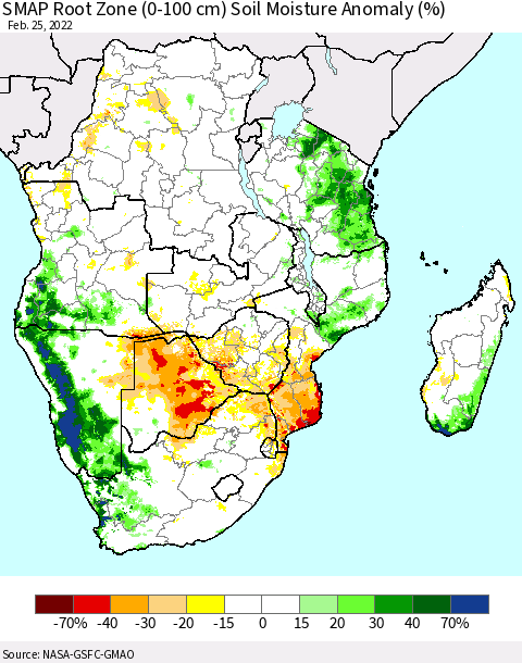 Southern Africa SMAP Root Zone (0-100 cm) Soil Moisture Anomaly (%) Thematic Map For 2/21/2022 - 2/25/2022