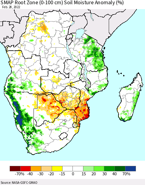 Southern Africa SMAP Root Zone (0-100 cm) Soil Moisture Anomaly (%) Thematic Map For 2/26/2022 - 2/28/2022