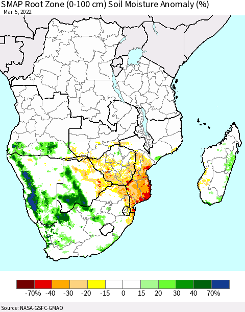Southern Africa SMAP Root Zone (0-100 cm) Soil Moisture Anomaly (%) Thematic Map For 3/1/2022 - 3/5/2022