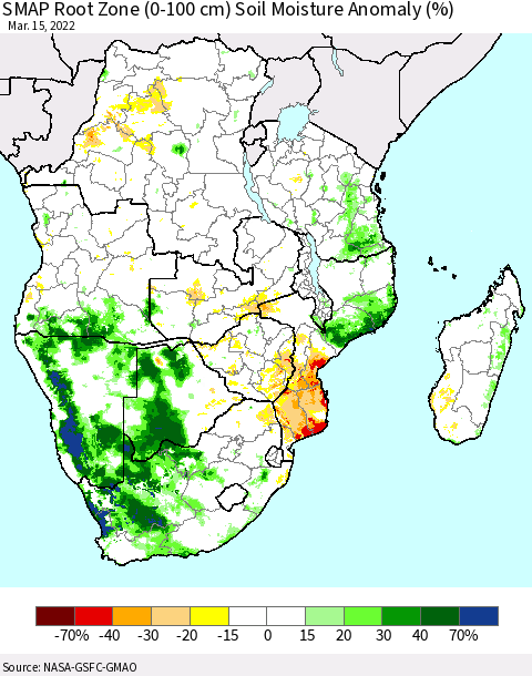 Southern Africa SMAP Root Zone (0-100 cm) Soil Moisture Anomaly (%) Thematic Map For 3/11/2022 - 3/15/2022