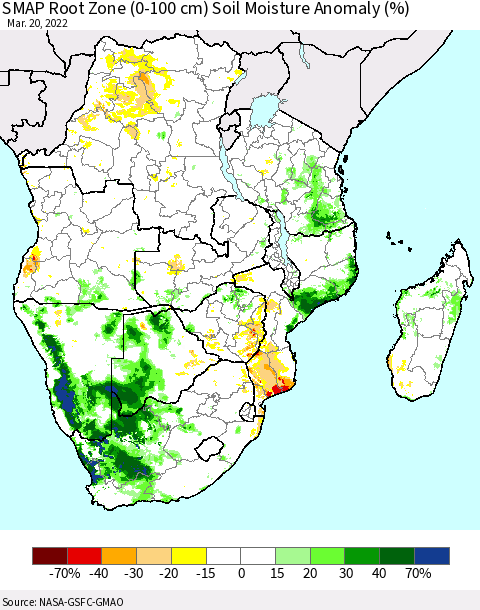 Southern Africa SMAP Root Zone (0-100 cm) Soil Moisture Anomaly (%) Thematic Map For 3/16/2022 - 3/20/2022