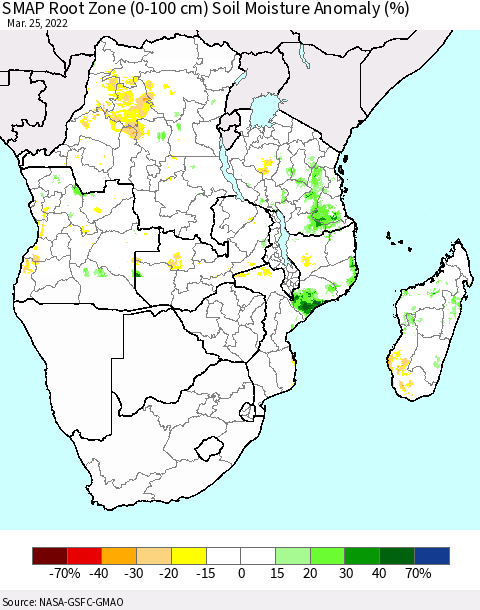 Southern Africa SMAP Root Zone (0-100 cm) Soil Moisture Anomaly (%) Thematic Map For 3/21/2022 - 3/25/2022
