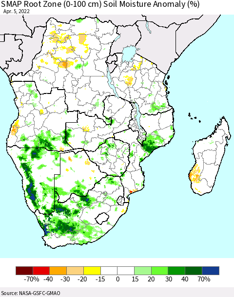 Southern Africa SMAP Root Zone (0-100 cm) Soil Moisture Anomaly (%) Thematic Map For 4/1/2022 - 4/5/2022