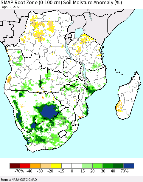 Southern Africa SMAP Root Zone (0-100 cm) Soil Moisture Anomaly (%) Thematic Map For 4/6/2022 - 4/10/2022