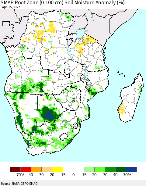 Southern Africa SMAP Root Zone (0-100 cm) Soil Moisture Anomaly (%) Thematic Map For 4/11/2022 - 4/15/2022