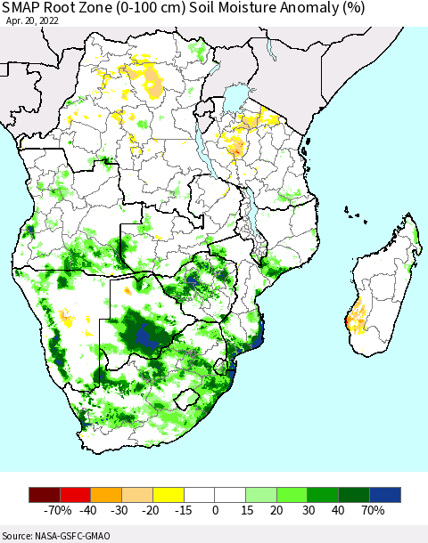 Southern Africa SMAP Root Zone (0-100 cm) Soil Moisture Anomaly (%) Thematic Map For 4/16/2022 - 4/20/2022