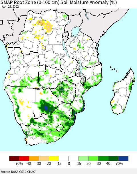 Southern Africa SMAP Root Zone (0-100 cm) Soil Moisture Anomaly (%) Thematic Map For 4/21/2022 - 4/25/2022