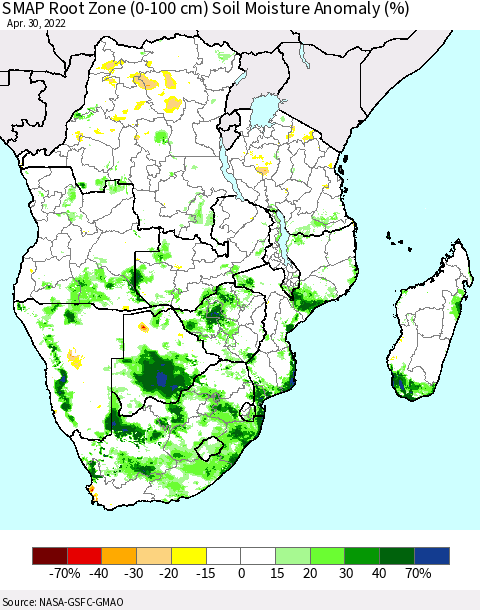 Southern Africa SMAP Root Zone (0-100 cm) Soil Moisture Anomaly (%) Thematic Map For 4/26/2022 - 4/30/2022