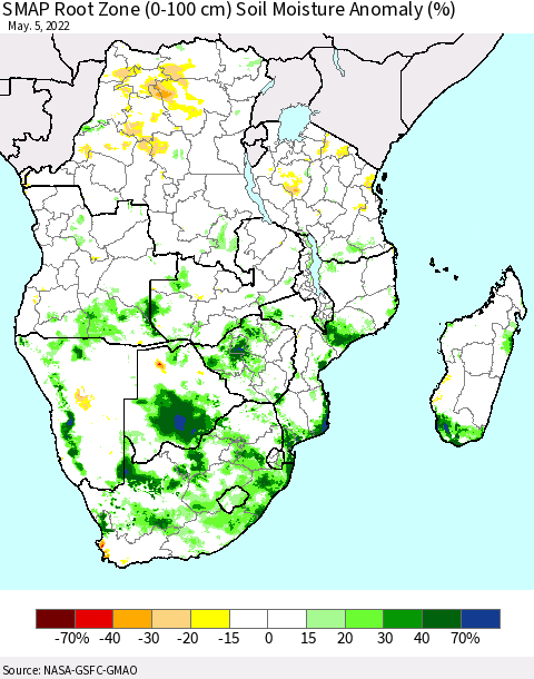 Southern Africa SMAP Root Zone (0-100 cm) Soil Moisture Anomaly (%) Thematic Map For 5/1/2022 - 5/5/2022