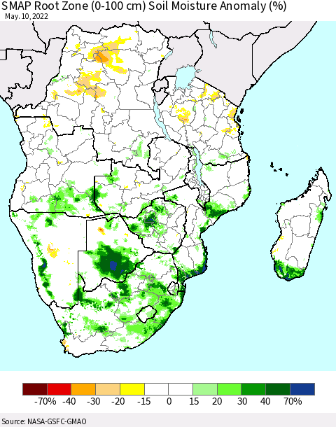 Southern Africa SMAP Root Zone (0-100 cm) Soil Moisture Anomaly (%) Thematic Map For 5/6/2022 - 5/10/2022