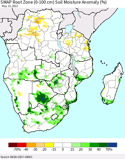 Southern Africa SMAP Root Zone (0-100 cm) Soil Moisture Anomaly (%) Thematic Map For 5/11/2022 - 5/15/2022