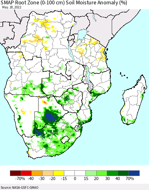 Southern Africa SMAP Root Zone (0-100 cm) Soil Moisture Anomaly (%) Thematic Map For 5/16/2022 - 5/20/2022