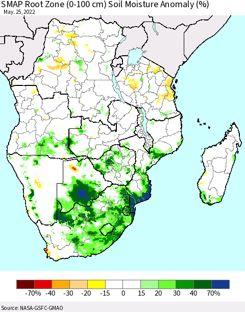 Southern Africa SMAP Root Zone (0-100 cm) Soil Moisture Anomaly (%) Thematic Map For 5/21/2022 - 5/25/2022