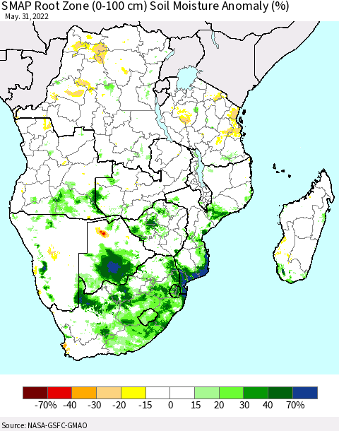 Southern Africa SMAP Root Zone (0-100 cm) Soil Moisture Anomaly (%) Thematic Map For 5/26/2022 - 5/31/2022