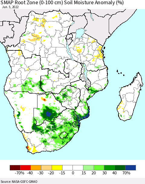 Southern Africa SMAP Root Zone (0-100 cm) Soil Moisture Anomaly (%) Thematic Map For 6/1/2022 - 6/5/2022