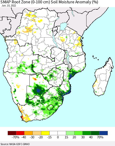 Southern Africa SMAP Root Zone (0-100 cm) Soil Moisture Anomaly (%) Thematic Map For 6/6/2022 - 6/10/2022