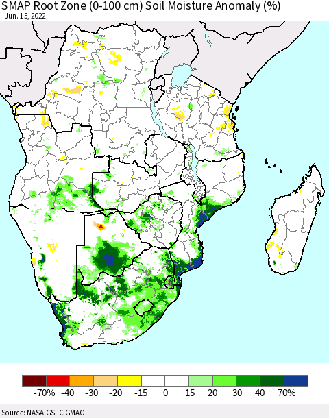 Southern Africa SMAP Root Zone (0-100 cm) Soil Moisture Anomaly (%) Thematic Map For 6/11/2022 - 6/15/2022