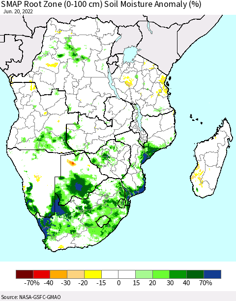 Southern Africa SMAP Root Zone (0-100 cm) Soil Moisture Anomaly (%) Thematic Map For 6/16/2022 - 6/20/2022