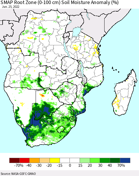 Southern Africa SMAP Root Zone (0-100 cm) Soil Moisture Anomaly (%) Thematic Map For 6/21/2022 - 6/25/2022