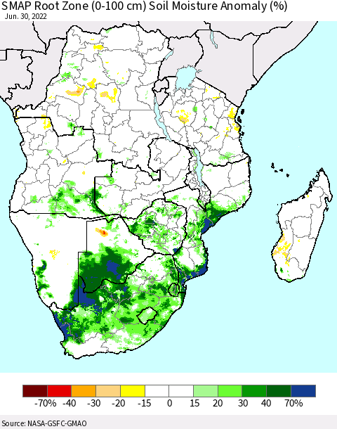 Southern Africa SMAP Root Zone (0-100 cm) Soil Moisture Anomaly (%) Thematic Map For 6/26/2022 - 6/30/2022