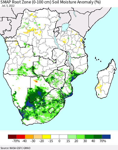 Southern Africa SMAP Root Zone (0-100 cm) Soil Moisture Anomaly (%) Thematic Map For 7/1/2022 - 7/5/2022