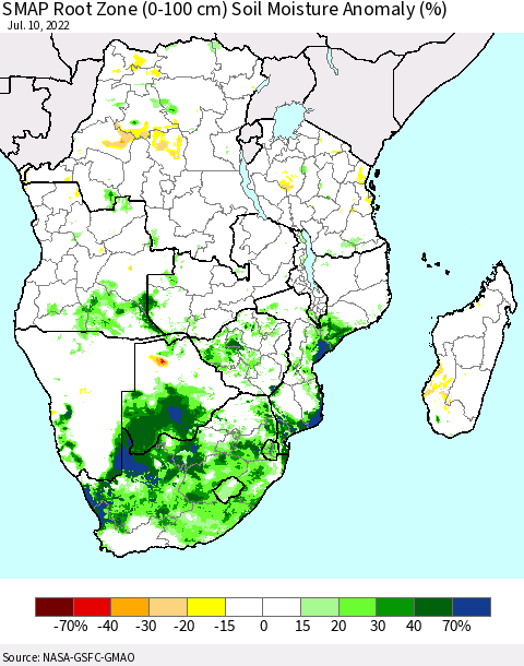 Southern Africa SMAP Root Zone (0-100 cm) Soil Moisture Anomaly (%) Thematic Map For 7/6/2022 - 7/10/2022