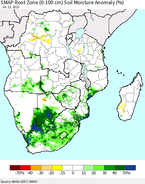 Southern Africa SMAP Root Zone (0-100 cm) Soil Moisture Anomaly (%) Thematic Map For 7/11/2022 - 7/15/2022