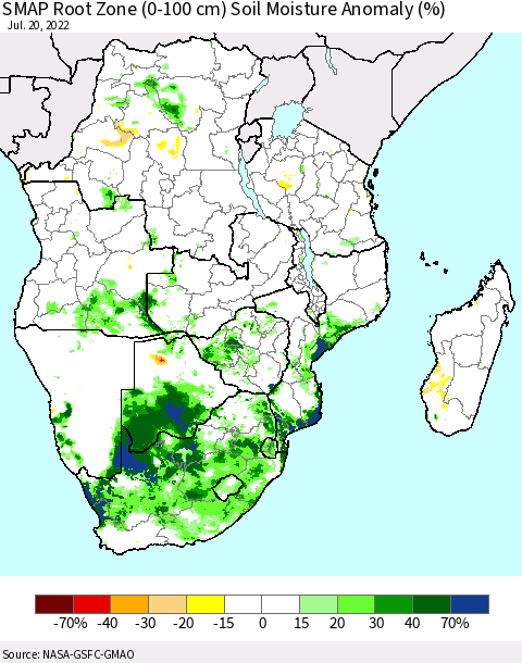 Southern Africa SMAP Root Zone (0-100 cm) Soil Moisture Anomaly (%) Thematic Map For 7/16/2022 - 7/20/2022