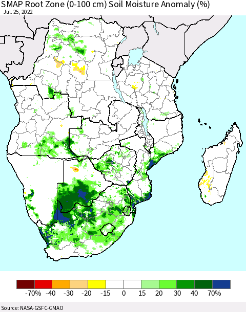 Southern Africa SMAP Root Zone (0-100 cm) Soil Moisture Anomaly (%) Thematic Map For 7/21/2022 - 7/25/2022