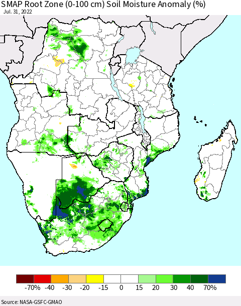 Southern Africa SMAP Root Zone (0-100 cm) Soil Moisture Anomaly (%) Thematic Map For 7/26/2022 - 7/31/2022