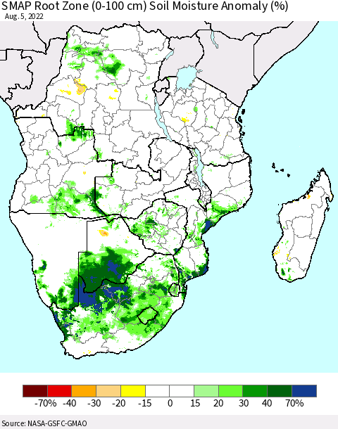 Southern Africa SMAP Root Zone (0-100 cm) Soil Moisture Anomaly (%) Thematic Map For 8/1/2022 - 8/5/2022