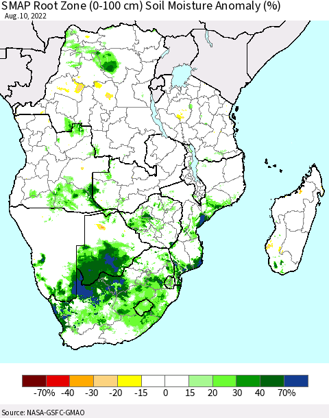 Southern Africa SMAP Root Zone (0-100 cm) Soil Moisture Anomaly (%) Thematic Map For 8/6/2022 - 8/10/2022