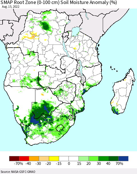 Southern Africa SMAP Root Zone (0-100 cm) Soil Moisture Anomaly (%) Thematic Map For 8/11/2022 - 8/15/2022
