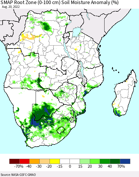 Southern Africa SMAP Root Zone (0-100 cm) Soil Moisture Anomaly (%) Thematic Map For 8/16/2022 - 8/20/2022