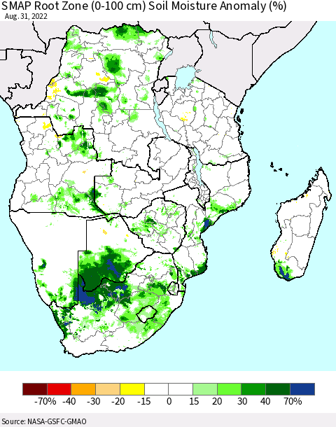 Southern Africa SMAP Root Zone (0-100 cm) Soil Moisture Anomaly (%) Thematic Map For 8/26/2022 - 8/31/2022