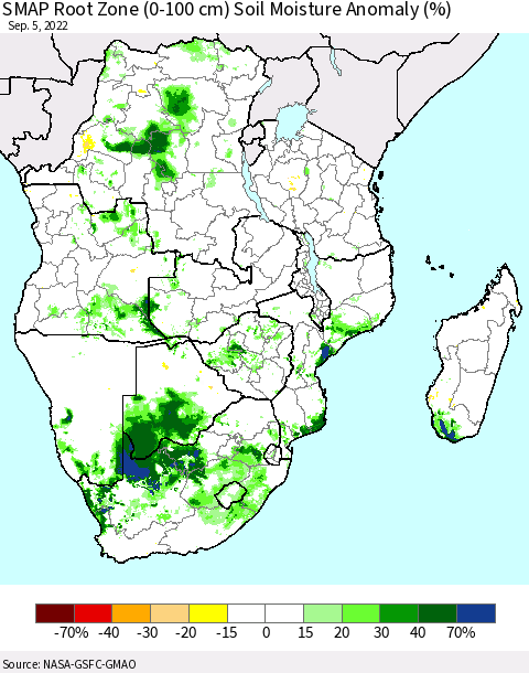 Southern Africa SMAP Root Zone (0-100 cm) Soil Moisture Anomaly (%) Thematic Map For 9/1/2022 - 9/5/2022