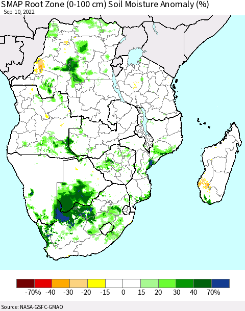 Southern Africa SMAP Root Zone (0-100 cm) Soil Moisture Anomaly (%) Thematic Map For 9/6/2022 - 9/10/2022