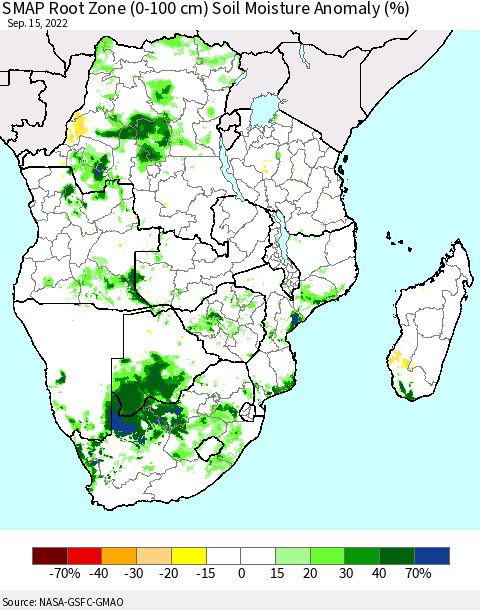 Southern Africa SMAP Root Zone (0-100 cm) Soil Moisture Anomaly (%) Thematic Map For 9/11/2022 - 9/15/2022