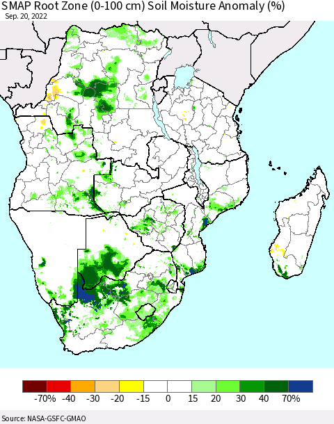 Southern Africa SMAP Root Zone (0-100 cm) Soil Moisture Anomaly (%) Thematic Map For 9/16/2022 - 9/20/2022