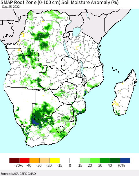 Southern Africa SMAP Root Zone (0-100 cm) Soil Moisture Anomaly (%) Thematic Map For 9/21/2022 - 9/25/2022