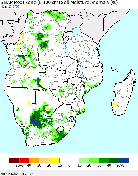 Southern Africa SMAP Root Zone (0-100 cm) Soil Moisture Anomaly (%) Thematic Map For 9/26/2022 - 9/30/2022
