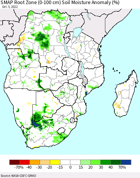 Southern Africa SMAP Root Zone (0-100 cm) Soil Moisture Anomaly (%) Thematic Map For 10/1/2022 - 10/5/2022