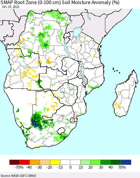 Southern Africa SMAP Root Zone (0-100 cm) Soil Moisture Anomaly (%) Thematic Map For 10/6/2022 - 10/10/2022