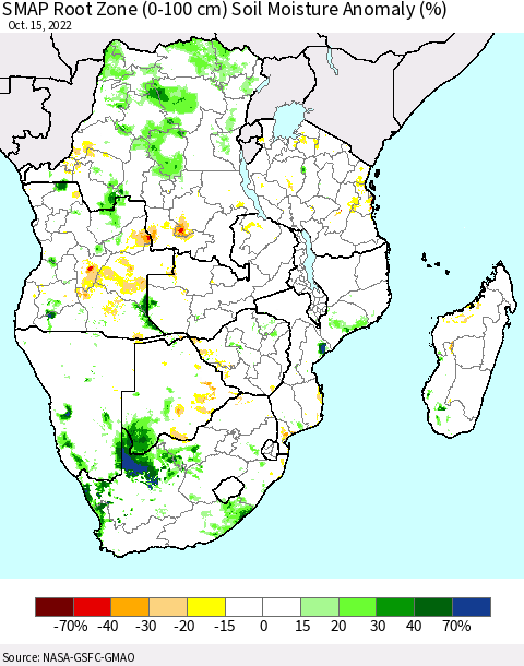 Southern Africa SMAP Root Zone (0-100 cm) Soil Moisture Anomaly (%) Thematic Map For 10/11/2022 - 10/15/2022