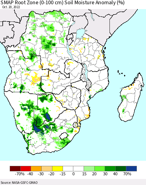 Southern Africa SMAP Root Zone (0-100 cm) Soil Moisture Anomaly (%) Thematic Map For 10/16/2022 - 10/20/2022