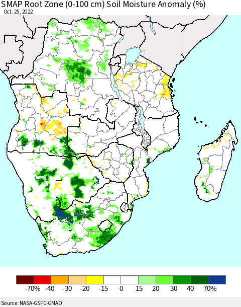 Southern Africa SMAP Root Zone (0-100 cm) Soil Moisture Anomaly (%) Thematic Map For 10/21/2022 - 10/25/2022