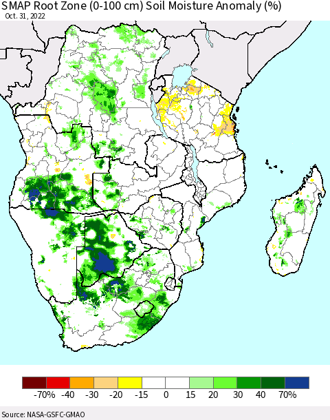 Southern Africa SMAP Root Zone (0-100 cm) Soil Moisture Anomaly (%) Thematic Map For 10/26/2022 - 10/31/2022